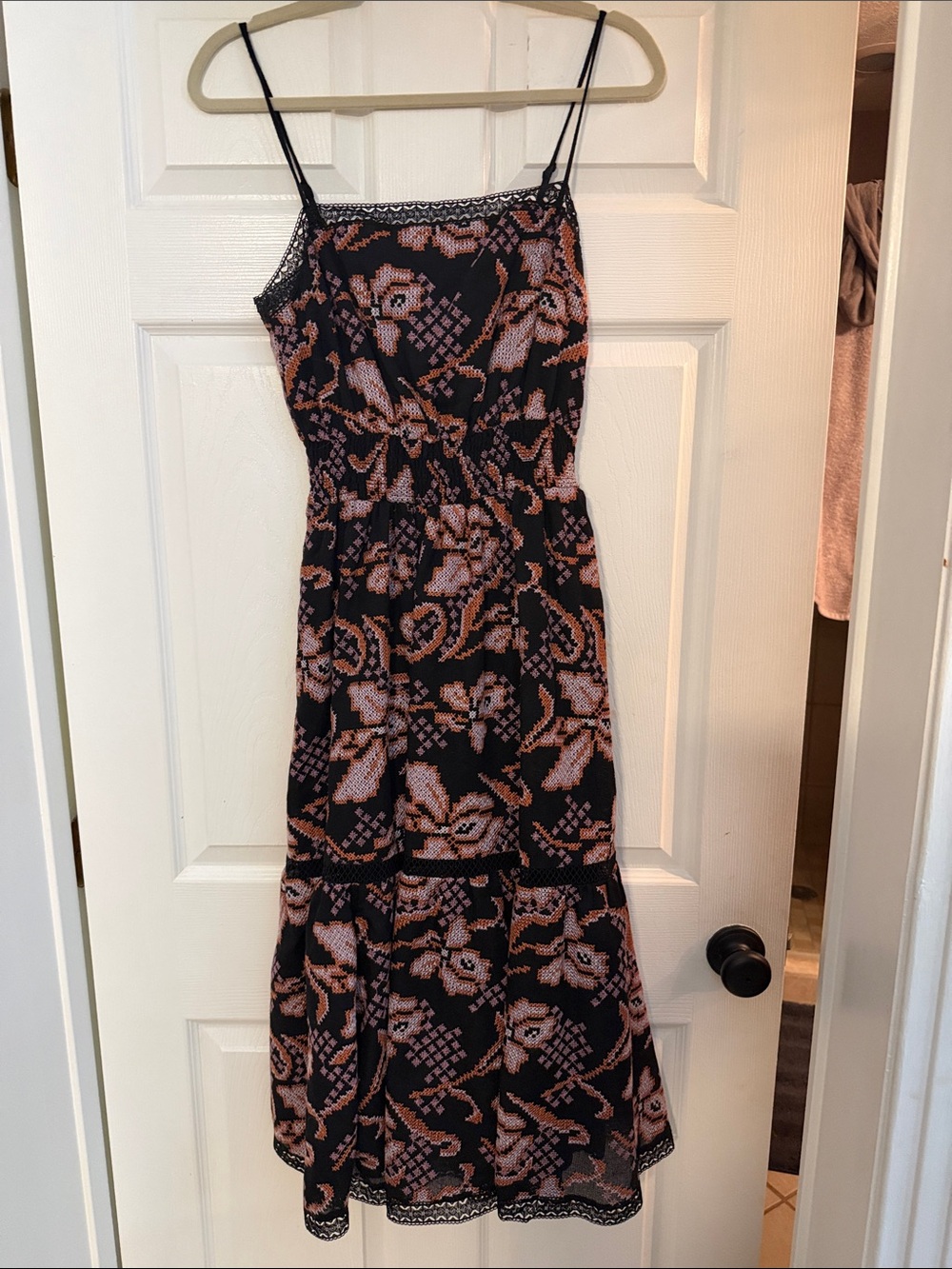 Anthropologie Black Midi Dress with Pink Floral Print